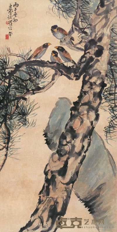 汪亚尘 丙子（1936年）作 松中纳凉图 立轴 108×54cm